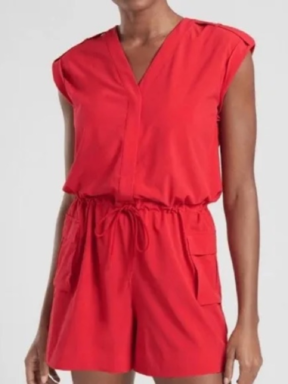 Athleta Cap-Sleeve Drawstring Romper with cargo pockets